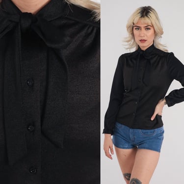 Black Ascot Blouse 70s Button Up Necktie Shirt Retro Pussy Bow Tie Top Gothic Secretary Preppy Long Sleeve Vintage 1970s Small S 