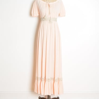 vintage 70s dress peach cream crochet hippie peasant boho long maxi nightgown S cottagecore 
