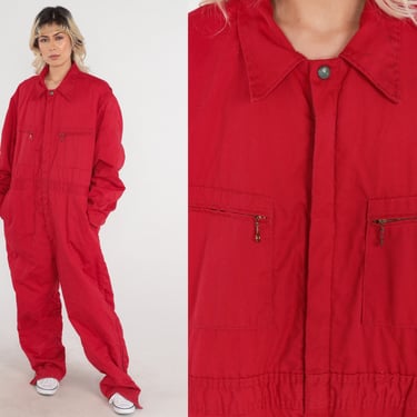 Red Coveralls 80s Insulated Jumpsuit LEI Workwear Pants Quilted Lining Coverall Pantsuit Utility Long Pants Work Wear Vintage 1980s Mens XL 
