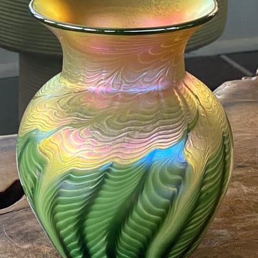 Lundberg Studios Iridescent Aurene Green Gold Art Glass Vase 