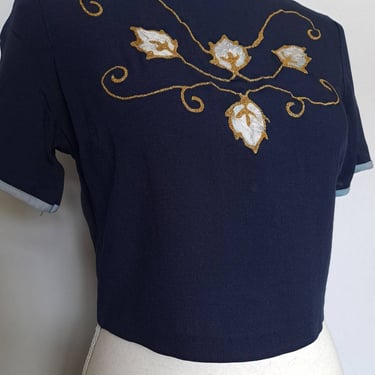 Vintage 1940's 1950's New Old Stock with Tags Hand Painted Gold and White Leaves Crop Navy Blue Blouse 