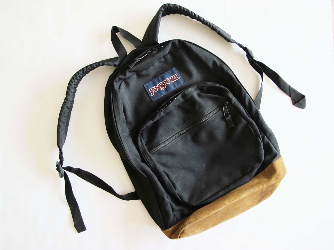 90s Jansport Backpack Suede Leather Bottom - Vintage 1990s Black