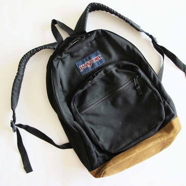 90s Jansport Backpack Suede Leather Bottom - Vintage 1990s Black Nylon Rucksack School Bag 