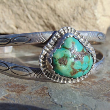 Vintage Native American Sterling Silver and Turquoise Split Band Cuff Bracelet with Stamping - 30 Grams 