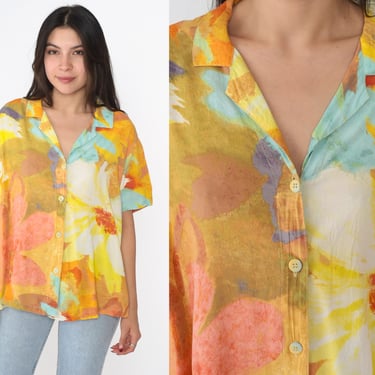 00s Jams World Shirt Tropical Floral Button Up Shirt Y2K Blouse Surfer Watercolor Shirt Beach Sea Surf Top Yellow Oversized Extra Large xl 