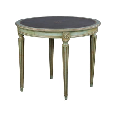 Antique French Louis XVI Style Painted in Green Round Dining Table W/ Leather Top 