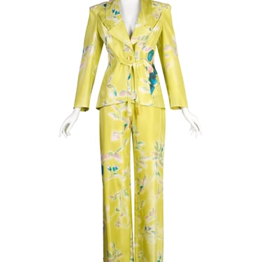 Christian Lacroix Vintage SS 1998 Light Green Watercolor Floral Silk Jacket and Pant Suit
