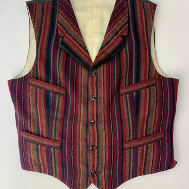 Vintage Wool Striped Vest - Beautiful Colors - Unusual Notched Collar  - 4 Slash Pockets - Belted Satin Back - Men's Size Large 