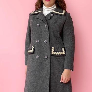 1960s Charcoal Gray Coat with Cream Stitching, sz. M