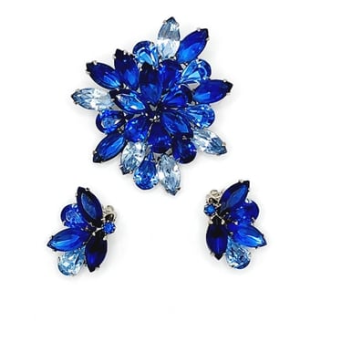 Vintage Weiss Blue Rhinestone Brooch + Clip Earrings Set Demi Parure 