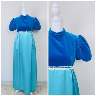 1970s Vintage Blue and Turquoise Regency Puffed Sleeve Dress/ 70s Velvet and Satin Ribbon Bridgerton Maxi Gown / Small 