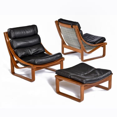1970s Fred Lowen for Tessa Black Leather & Teak T4 Lounge Chairs and Ottoman 