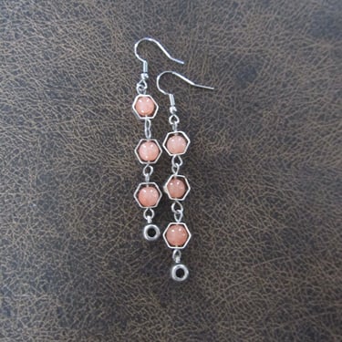 Silver and peach geometric hexagon earrings 