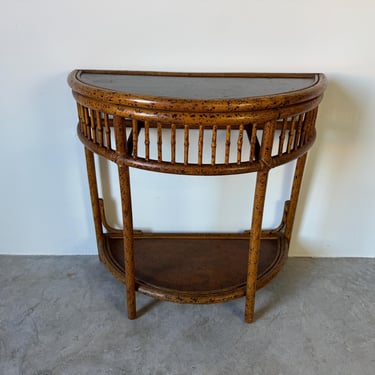 Vintage Coastal Faux Tortoise Shell Finish Demilune Rattan Console Table 