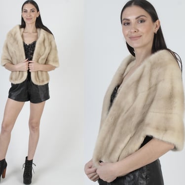 Natural Platinum Mink Fur Bolero, Real Portrait Collar Wrap, Vintage 60s MOTB Stole With Pockets 