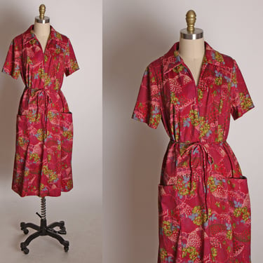 1970s Burgundy, Green and Blue Floral Print Short Sleeve Dress by Ann Steven -L 