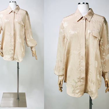 1990s Silky Long Sleeve Beige Button Up Blouse with Puff Sleeves by Tess Large | Vintage, Polyester, Neutral, Basic, Minimalist, Abstract 