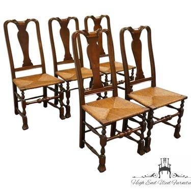 Set of 5 VINTAGE ANTIQUE Solid Cherry Rustic Country Style Dining Side Chairs w. Rush Seat 
