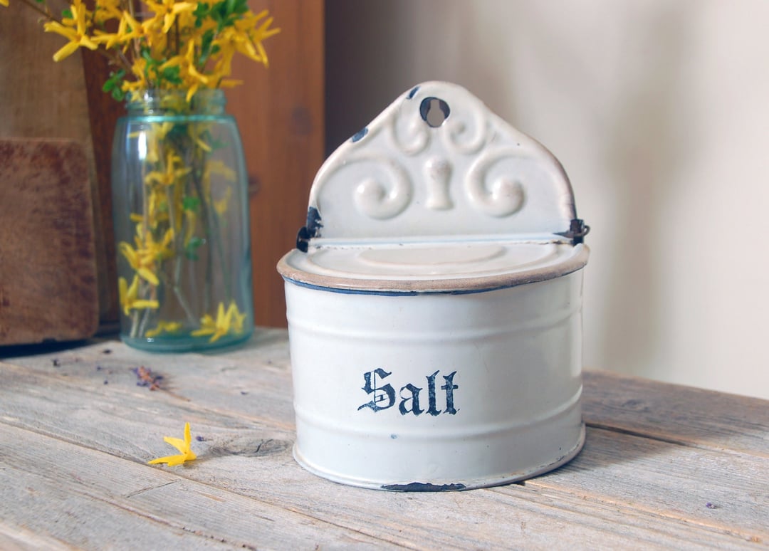 Vintage hotsell salt box, Antique enamel salt box,enamelware container, vintage kitchen storage, rustic kitchen decor