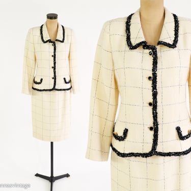 1990s Creme Wool Skirt Suit | 90s Creme & Black Trim Suit | Rickie Freeman | Medium 