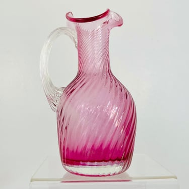 Vintage 1960s Pink Peony Ruffle Art Glass Mini Pitcher Clear Handle Ewer Vase Decor 