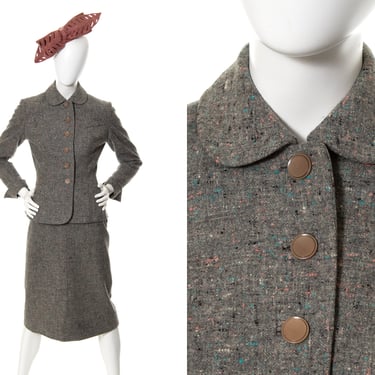 Vintage 1940s Skirt Suit | 40s Flecked Wool Grey Gray Tailored Blazer Jacket Pencil Skirt Two Piece Outfit (small) 
