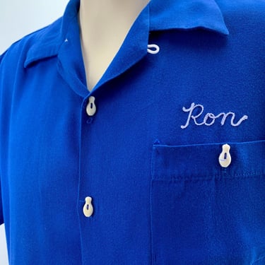 1950's Bowling Shirt - Vivid Blue Rayon Gabardine - AIR FLOW - Bowling Pin Buttons - Chain Stitching - Loop Collar - Men's Size X-Large 