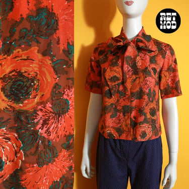 Fun Vintage 50s 60s Orange Floral Short Sleeve Blouse with Neck Tie 