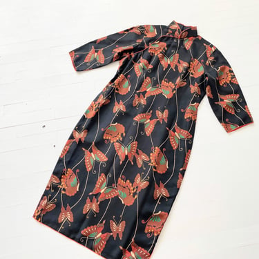 Vintage Butterfly Print Black Cheongsam Dress 