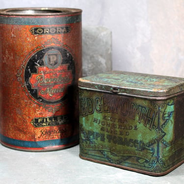 Set of 2 Vintage Rustic Tins - Edgeworth Pipe-Tobacco and Peerless Made Confections - Red and Teal Tins for Rustic Decor  | FREE SHIPPING 