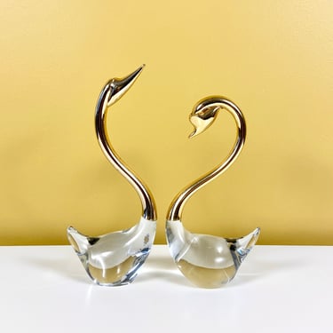 Pair of Glass and Golden Swans 