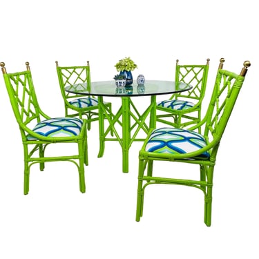 #1330 Lime Green Patio Set with 4 Chinese Chippendale Chairs and Glass Top Table