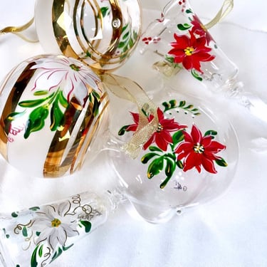 Hand-Blown Glass Poinsettia Ornaments and Bells | Hand-Decorated | Selling Individually 