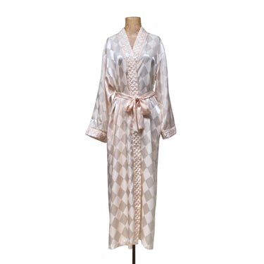 Vintage 1990s Christian Dior Maxi Robe, Whisper Pink Diamond Pattern Polyester Jacquard w/Quilted Trim, Small, VFG 