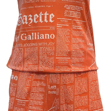 John Galliano Y2K Orange Cotton Strapless Newsprint Romper