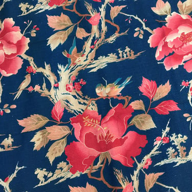 19th C French Printed Floral Fabric, Bold Colors, Birds, Japanese Inspired, Cotton, Historical Textiles, Sewing Projects 