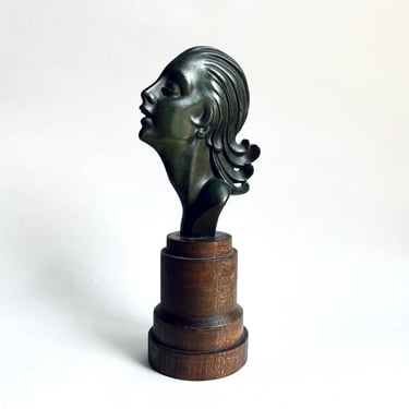 Antique Art Deco Patinated Bronze Bust Sculpture of a Girl in Profile 10.75” 