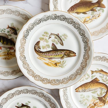 midcentury French Limoges porcelain fish dinner plates, set of 10