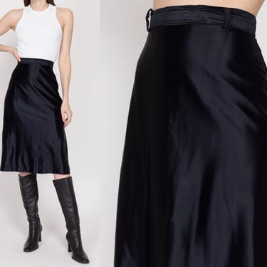 Small 70s Black Satin Side Slit Midi Skirt 26.5" | Vintage Minimalist Shiny High Waisted A Line Skirt 