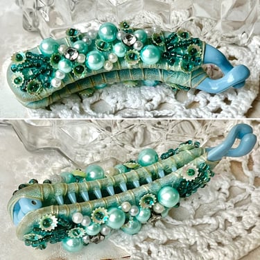 Vintage Hair Clip, Beaded, Ribbon Trim, Faux Pearls, 70s 80s 