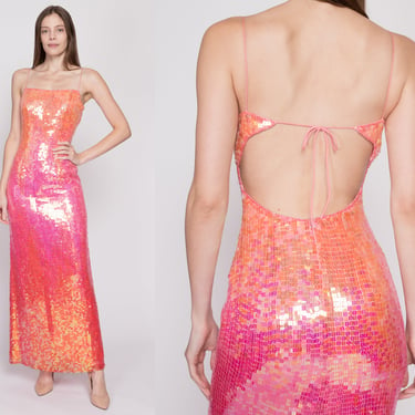 XS 90s Silk Sequin Backless Evening Gown | Vintage Jovani Pink Orange Gradient Sleeveless Formal Maxi Dress 