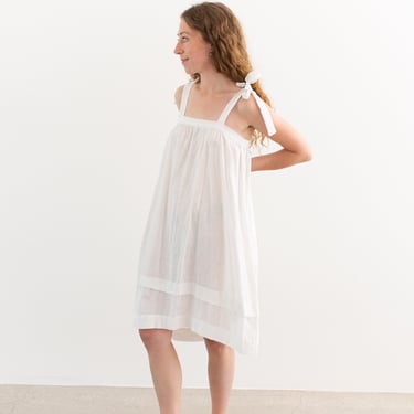 Vintage White Cotton Tie Strap Dress | Antique  Summer Slip Nightgown | XS S | 