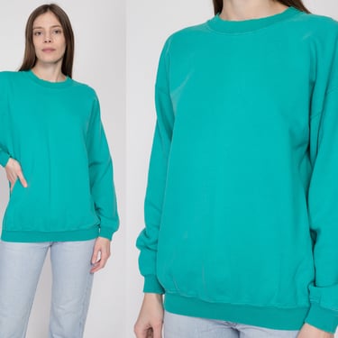 Large 90s Teal Crewneck Sweatshirt | Vintage Blank Slouchy Plain Pullover 