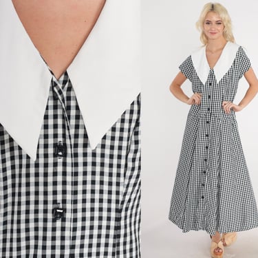 Gingham Dress 90s Black White Button up Dress Pointed Flat Collar Ankle Length Maxi Retro Collared Short Sleeve Casual Day Vintage 1990s XL 