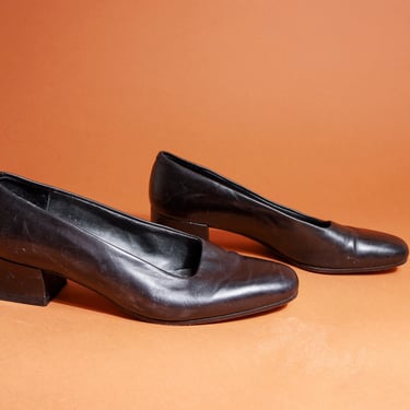 90s Black Glossy Slip On Flats Vintage Classic Leather Chunky Heel Flats 