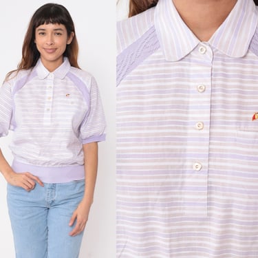 Striped Polo Shirt 80s Lavender Purple Arnold Palmer Collared Short Sleeve Banded Hem Button Neck Top Slouchy 1980s Vintage Small Medium 