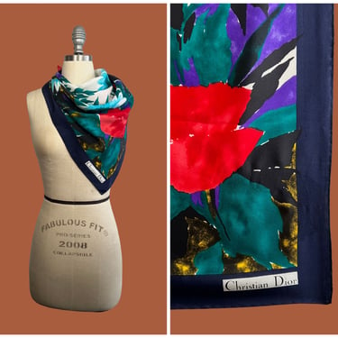CHRISTIAN DIOR Vintage 80s 90s Silk Floral Scarf | 1980s 1990s CD Floral Print Neck Scarf Headscarf | French Parisian Paris Designer 