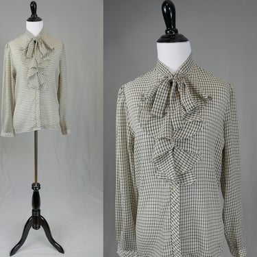 80s Pussy Bow Ruffle Front Blouse - Off-White Black Windowpane - Weathervane - Vintage 1980s - S M 