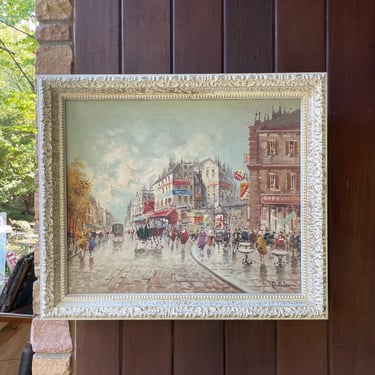 Vintage 1960s French Impressionism Oil Painting Signed Street View Horse Carriage 