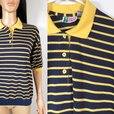 Vintage 80s/90s Navy Blue And Yellow Striped Polo Tshirt Size M 